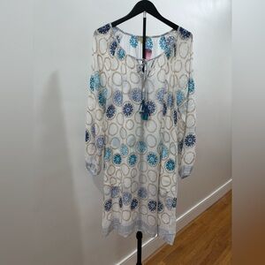 431. Ruby Yaya White Tunic Dress with Blue & Teal Medallion Print